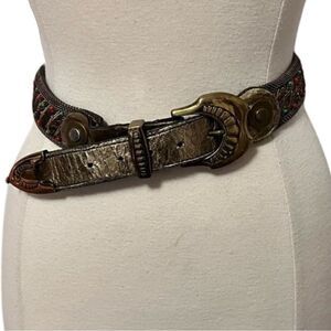 Vintage 1980s Beaded Mesh Metallic Leather Sand Castle USA Southwestern Belt